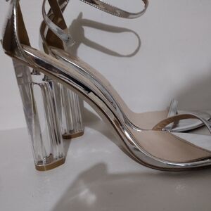 AKIRA Silver Glittery Heels with Clear Acrylic Heel
